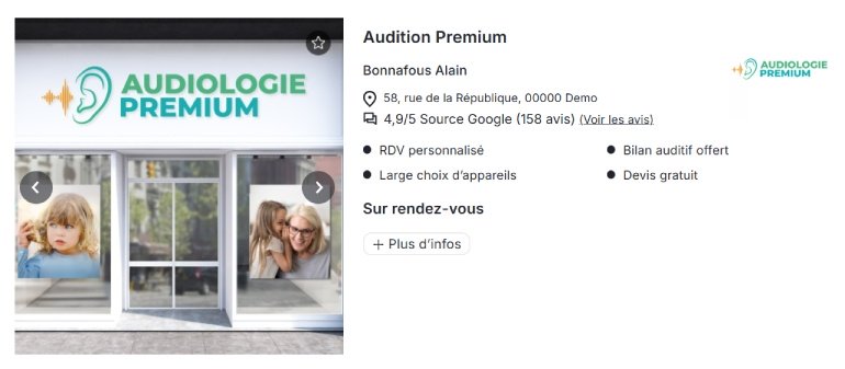 Exemple d’encart Premium dans la liste des audioprothésistes